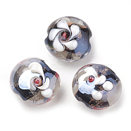 Handmade Lampwork Beads, Flat Round with Flower, Black, 14~15x14~14.5x11mm, Hole: 1~1.5mm(LAMP-S188-04A)