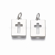 Brass Pendants, with Jump Ring, Rectangle with Cross, Nickel Free, Real Platinum Plated, 15.5x10.5x2mm, Hole: 3mm(KK-R133-007P-NF)