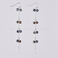 Faceted Rondelle Glass Beads Dangle Earrings, with Eco-Friendly Dyed Glass Pearl Round Beads, 304 Stainless Steel Cable Chains and Brass Earring Hooks, Indigo, 100mm, Pin: 0.6mm(EJEW-JE03817-01)