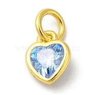 925 Sterling Silver Birthstone Charms, with Single Cubic Zirconia, Heart, Golden, with Jump Ring, Blue, 6x5x2mm, Hole: 2.5mm(STER-M0120-02F-G)