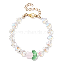 Glass Beaded Bracelets, with Alloy Jewely for Women, Flower & Heart, Clear AB, 7-1/8 inch(18cm)(BJEW-JB10072)