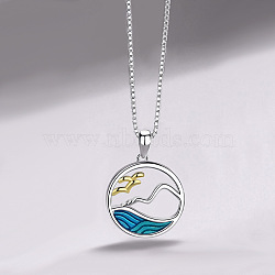 Valentine's Day Brass Enamel Sea and Mountain Pendant Necklaces for Women, Golden and Platinum, Steel Blue, 15.75 inch(40cm)(FS-WG0CA19-01)