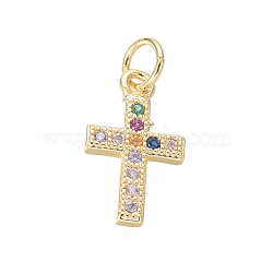 Brass Micro Pave Cubic Zirconia Tiny Cross Charms, with Jump Rings, Colorful, Golden, 14x8.5x1.5mm, Hole: 3mm(ZIRC-I032-64G)