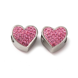 304 Stainless Steel European Beads, with Polymer Clay Rhinestone, Large Hole Beads, Stainless Steel Color, Heart, 11x11.5x8.5mm, Hole: 4.5mm(STAS-C086-01A-P)