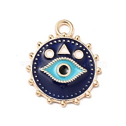 Alloy Enamel Pendants, Golden, Flat Round with Eye Pattern, Midnight Blue, 21.5x18x2mm, Hole: 2mm(PALLOY-k253-07G)