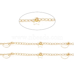 3.28 Feet Handmade Brass Curb Chains, with Moon & Star Charms, Soldered, Long-Lasting Plated, Golden, 3.5x2x0.4mm(X-CHC-D026-13G)