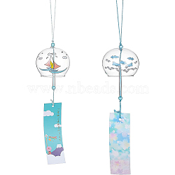 2Pcs 2 Styles Round with Boat & Bird Pattern Glass Wind Chime, with Polyester Cord & Paper, Blue, 425mm, 1pc(HJEW-BC0001-10)