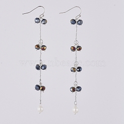 Faceted Rondelle Glass Beads Dangle Earrings, with Eco-Friendly Dyed Glass Pearl Round Beads, 304 Stainless Steel Cable Chains and Brass Earring Hooks, Indigo, 100mm, Pin: 0.6mm(EJEW-JE03817-01)