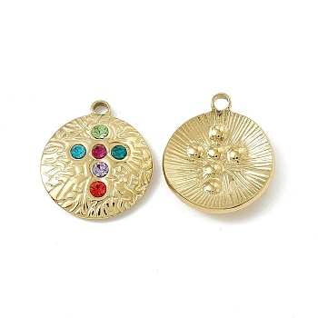 Vacuum Plating 201 Stainless Steel Pendants, Colorful Rhinestone Flat Round with Cross Charms, Real 18K Gold Plated, 22x19x3mm, Hole: 2mm