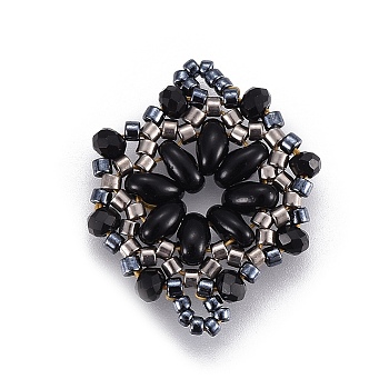 MIYUKI & TOHO Handmade Japanese Seed Beads Links, Loom Pattern, Flower, Black, 24~25.6x19~19.2x3.2~3.6mm, Hole: 1.5~1.6mm