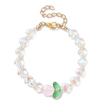 Glass Beaded Bracelets, with Alloy Jewely for Women, Flower & Heart, Clear AB, 7-1/8 inch(18cm)