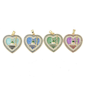 Rack Plating Brass Micro Pave Clear Cubic Zirconia Pendants, with Enamel, Long-Lasting Plated, Lead Free & Cadmium Free, Heart with Castle Charms, Mixed Color, 28x27.5x4mm, Hole: 3.5x5mm