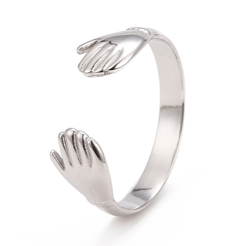 304 Stainless Steel Double Hand Hug Open Cuff Ring for Women, Stainless Steel Color, US Size 7 3/4(17.9mm)