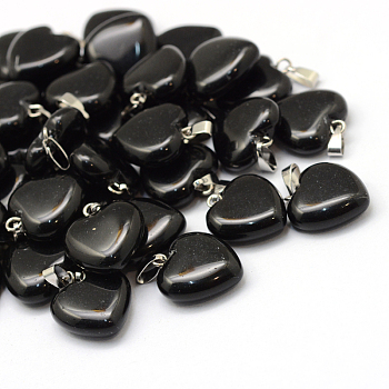Heart Natural Black Stone Pendants, with Platinum Plated Brass Findings, 17~19x15~16x5~8mm, Hole: 2x7mm