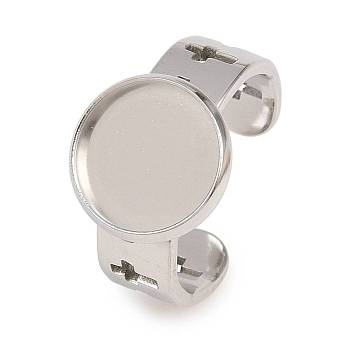 Hollow Cross 304 Stainless Steel Cuff Ring Components, Round Pad Ring Setting, Stainless Steel Color, 7~13.5mm, 18mm, Tray Size: 12mm