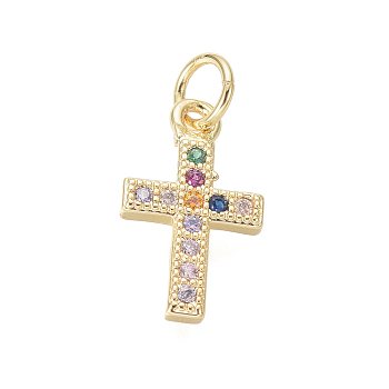Brass Micro Pave Cubic Zirconia Tiny Cross Charms, with Jump Rings, Colorful, Golden, 14x8.5x1.5mm, Hole: 3mm