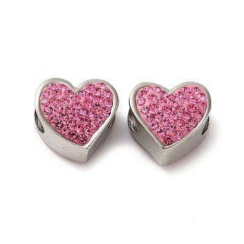 304 Stainless Steel European Beads, with Polymer Clay Rhinestone, Large Hole Beads, Stainless Steel Color, Heart, 11x11.5x8.5mm, Hole: 4.5mm