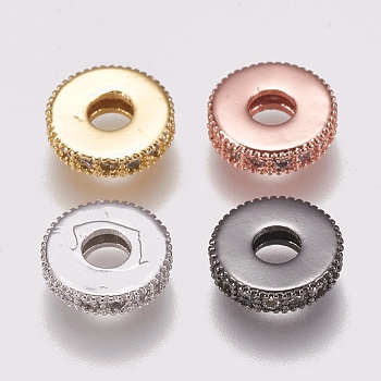 Brass Micro Pave Cubic Zirconia Bead Spacers, Flat Round, Clear, Mixed Color, 8x2mm, Hole: 3mm