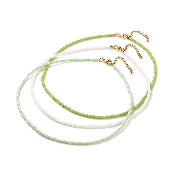 3Pcs Glass Seed Beaded Necklaces Set, Stackable Necklace for Women, Yellow Green, 15.94~16.02 inch(40.5~40.7cm)