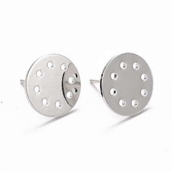 Rack Plating Brass Earring Findings, Hollow Flat Pad Earring Post, with 925 Sterling Silver Pins, Cadmium Free & Lead Free, Long-Lasting Plated, Flat Round, Platinum, 12x0.8mm, Hole: 1.2mm, Pin: 0.7mm