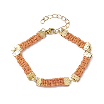 Braided Waxed Polyester Rectangle Link Chain Bracelets, with Real 18K Gold Plated 304 Stainless Steel Clasps, Light Salmon, 6-3/4 inch(17.3cm)
