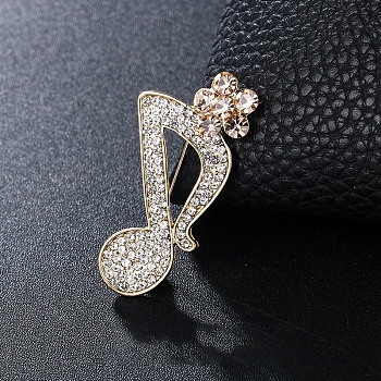 Rhinestone Music Note Brooch Pin, Light Gold Alloy Badge for Backpack Clothes , Juicy Peach, 47x22mm