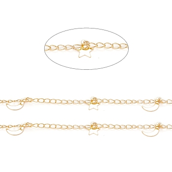 3.28 Feet Handmade Brass Curb Chains, with Moon & Star Charms, Soldered, Long-Lasting Plated, Golden, 3.5x2x0.4mm
