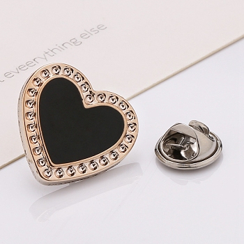 Plastic Brooch, Alloy Pin, with Enamel, for Garment Accessories, Heart, Black, 25mm