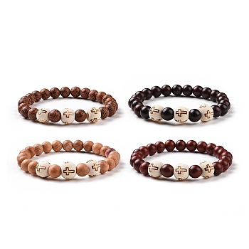 4Pcs Cross Pattern Wood Beads Stretch Bracelets Set for Women Men, Mixed Color, Inner Diameter: 2-1/4 inch(5.6cm)