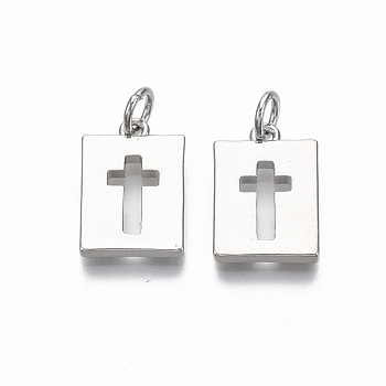 Brass Pendants, with Jump Ring, Rectangle with Cross, Nickel Free, Real Platinum Plated, 15.5x10.5x2mm, Hole: 3mm