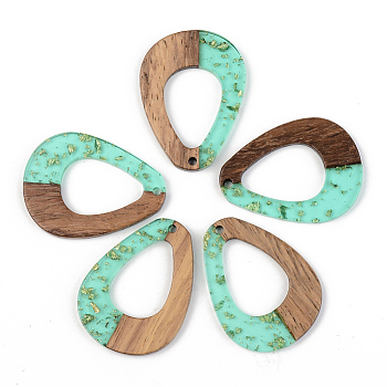 Transparent Resin & Walnut Wood Pendants, with Gold Foil, Teardrop, Pale Turquoise, 37.5x38x3mm, Hole: 2mm