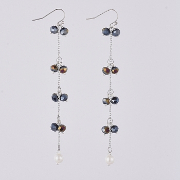 Faceted Rondelle Glass Beads Dangle Earrings, with Eco-Friendly Dyed Glass Pearl Round Beads, 304 Stainless Steel Cable Chains and Brass Earring Hooks, Indigo, 100mm, Pin: 0.6mm