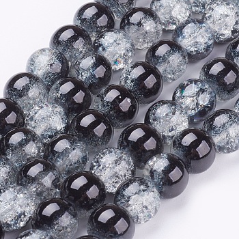 Spray Painted Crackle Glass Beads Strands, Round, Two Tone, Black, 10mm, Hole: 1.3~1.6mm, about 80pcs/strand, 31.4 inch