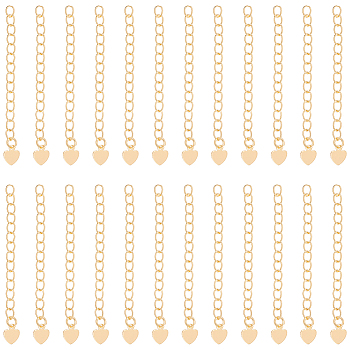 24Pcs Brass Curb Chain Extender, Nickel Free, End Chains with Heart Chain Tabs, Real 18K Gold Plated, 53mm