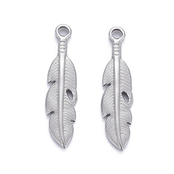 304 Stainless Steel Pendants, Leaf, Stainless Steel Color, 21.5x5x2mm, Hole: 1.4mm
