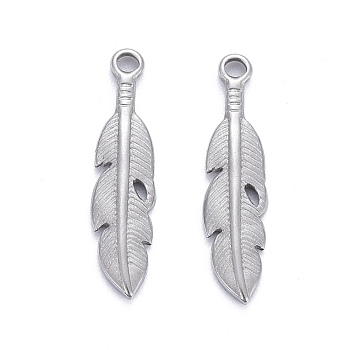 Non-Tarnish 304 Stainless Steel Pendants, Leaf, Stainless Steel Color, 21.5x5x2mm, Hole: 1.4mm