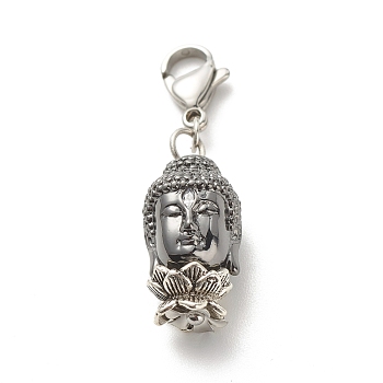 Brass Buddha Head Pendants, with Alloy Lotus Double Sided Bead Caps and 304 Stainless Steel Lobster Claw Clasps, Gunmetal, 35mm
