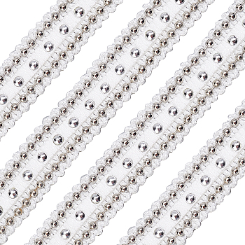 Polyester Ribbon, with Imitation Pearl Beads, Flat, White, 5/8 inch(15mm), about 5 yards/pc