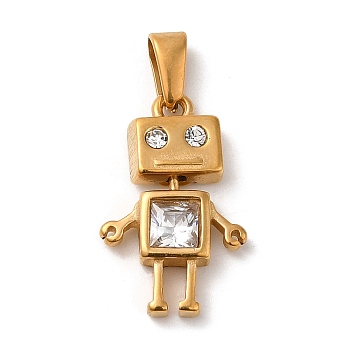 Vacuum Plating 304 Stainless Steel Pendants, with Rhinestone, Long-Lasting Plated, Robot Charm, Golden, 20x12.5x3.5mm, Hole: 5x1.5mm