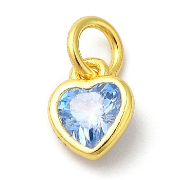 925 Sterling Silver Birthstone Charms, with Single Cubic Zirconia, Heart, Golden, with Jump Ring, Blue, 6x5x2mm, Hole: 2.5mm