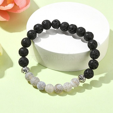 bracelet extensible en perles rondes en agate craquelée teinte naturelle et en pierre de lave(BJEW-TA00444-02)-2