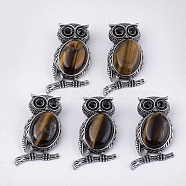 Natural Tiger Eye Brooches/Pendants, with Rhinestone and Alloy Findings, Owl, Antique Silver, 51x28~29x15~16.5mm, Hole: 4.5x8.5mm, Pin: 0.5mm(G-S353-05M)