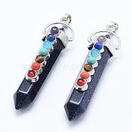 Chakra Jewelry, Synthetic Blue Goldstone Double Terminated Pointed Pendants, with Natural & Synthetic Mixed Stone Alloy Findings, Bullet, Platinum, 58~61x16.5~18x15.5~16mm, Hole: 4.5x7.5mm(G-G759-C03)