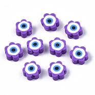 Handmade Polymer Clay Beads, Flower with Evil Eye, Blue Violet, 9x9x4.5mm, Hole: 1.8mm(CLAY-N007-003-05)
