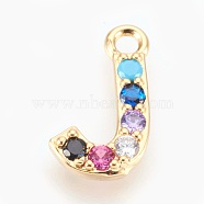 Brass Micro Pave Cubic Zirconia Charms, Letter, Golden, Letter.J, 13~14x7~10x2~2.5mm, Hole: 1.5~1.8mm(ZIRC-F089-01G-J)
