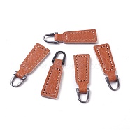 PU Leather Zipper Puller, Garment Accessories, with Alloy Findings, Trapezoid, Gunmetal, Chocolate, 40x12x3.5mm, Hole: 5x7mm(FIND-WH0044-01B)