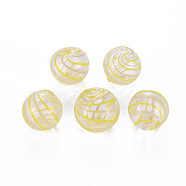 Transparent Handmade Blown Glass Globe Beads, Stripe Pattern, Round, Yellow, 12.5~13.5mm, Hole: 1.2~2mm(GLAA-T012-35A-02)