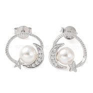 Shell Pearl Dangle Stud Earrings, Moon & Star Real Platinum Plated Rhodium Plated 925 Sterling Silver Earrings, with 925 Stamp, Seashell Color, 13x13mm(EJEW-Z024-09A-P)
