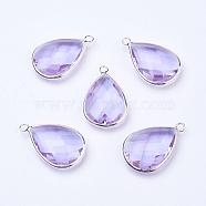 Silver Color Plated Brass Glass Teardrop Pendants, Faceted, Azure, 18x10x5mm, Hole: 2mm(GLAA-M006-A-14S)