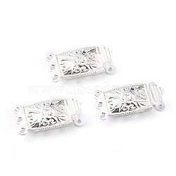 Brass Filigree Box Clasps, Multi-Strand Clasps, 3-Strands, 6 Holes, Rectangle, 925 Sterling Silver Plated, 20x10x4.5mm, Hole: 1mm(KK-O131-01S)